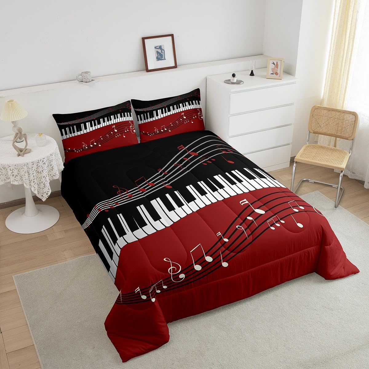 Castle Fairy Black White Piano Keys and Notes Full Size Comforter Set,Music Bedding Set for Adults Teens,Children Hippie Comforter Luxury Rock Quilt Set Room Decor 3Pcs