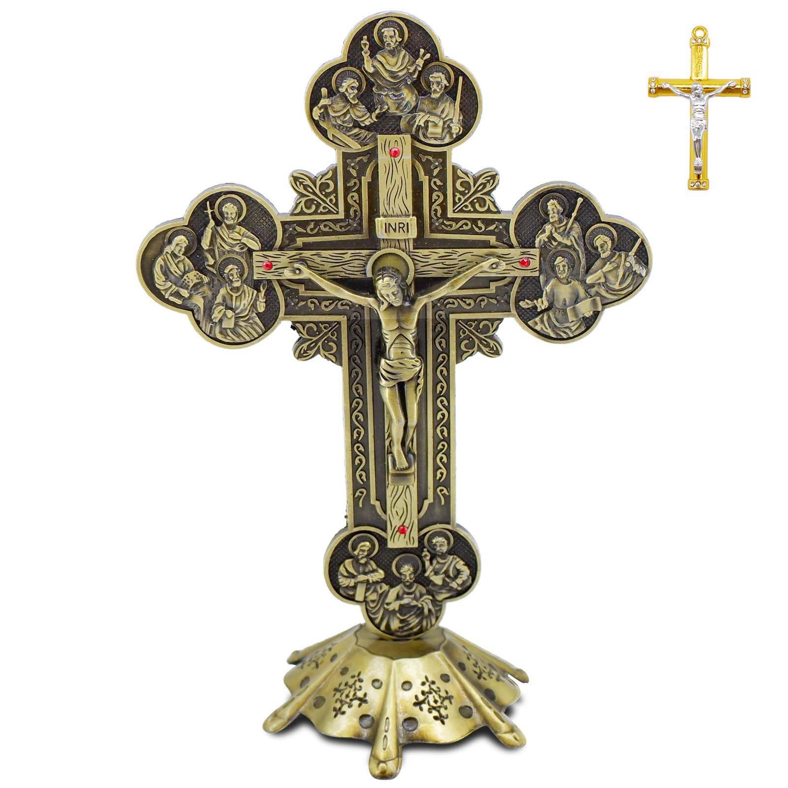 Jesus Altar Table Cross,Religious Crucifix Wall Decor with Stand,Metal Christian Wall-Mounted Ornament for Prayer,Catholic Ornaments
