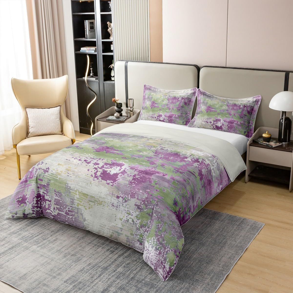 Erosebridal Watercolor Tie Dye 100% Cotton Duvet Cover King,Ombre Gradient Lilac Purple Green and Grey Bedding Sets for Kids Teens Modern Abstract Bed Set,Grunge Art Quilt Cover with 2 Pillow Cases