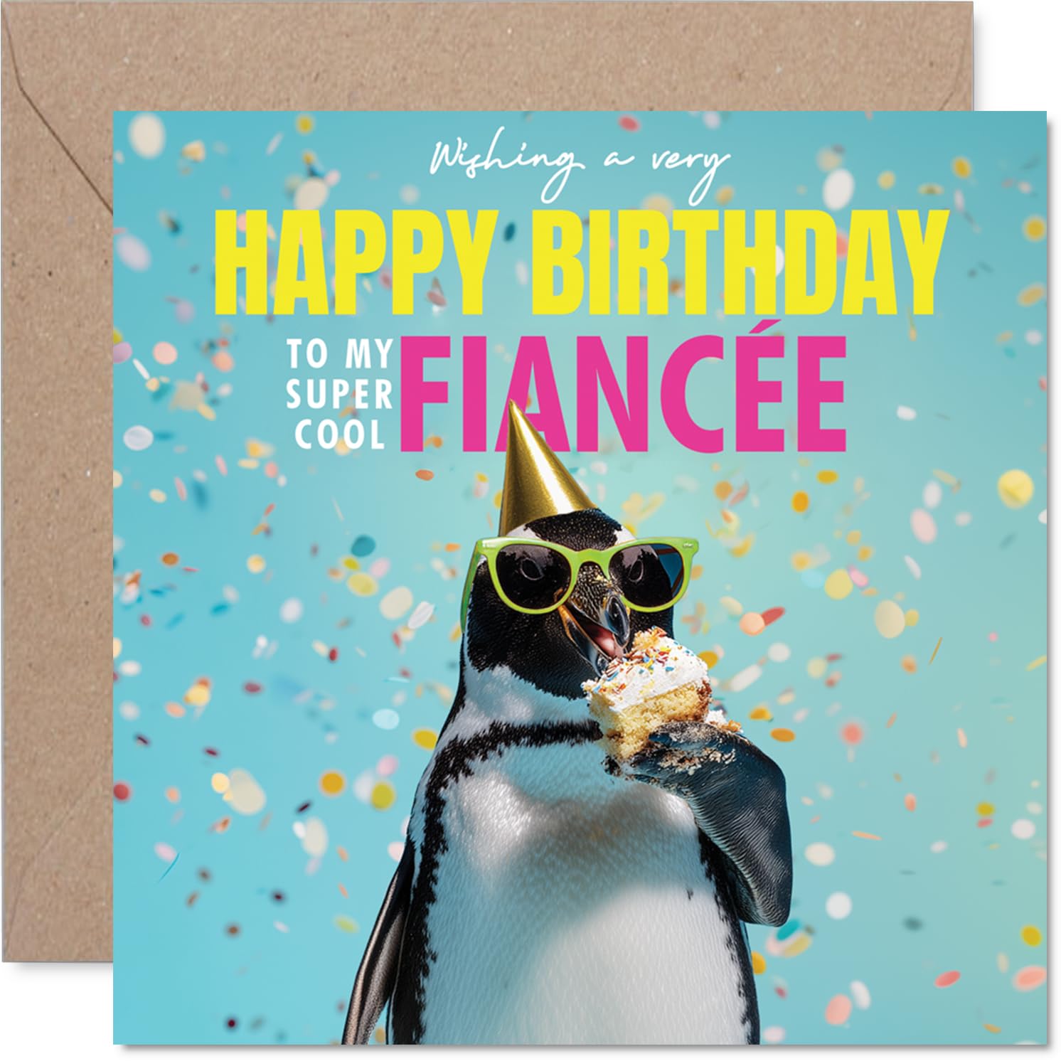 Fiancee Birthday Card - Bird-day Cake - Happy Birthday Card for Fiancee from Fiance Partner, 145mm funny penguin Bday Greeting Cards