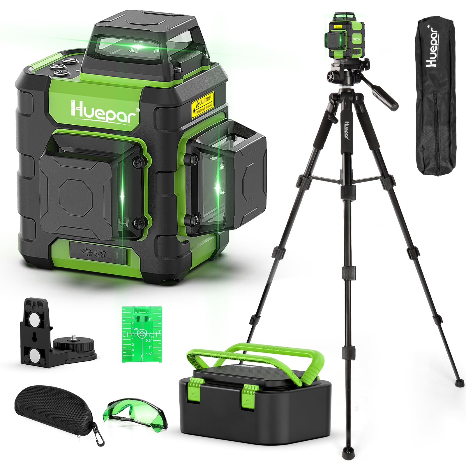 Huepar Nivel Láser Autonivelante 360 Grados, Nivel Láser 3D 360° Verde con Modo de Pulso, Kit con Tripode de 127CM, Soporte Magnético, Maletín Rígido y USB-C, para Construcción y Bricolaje - HM03CGT Global Recycled Standard Global Recycled Standard Global Recycled Standard