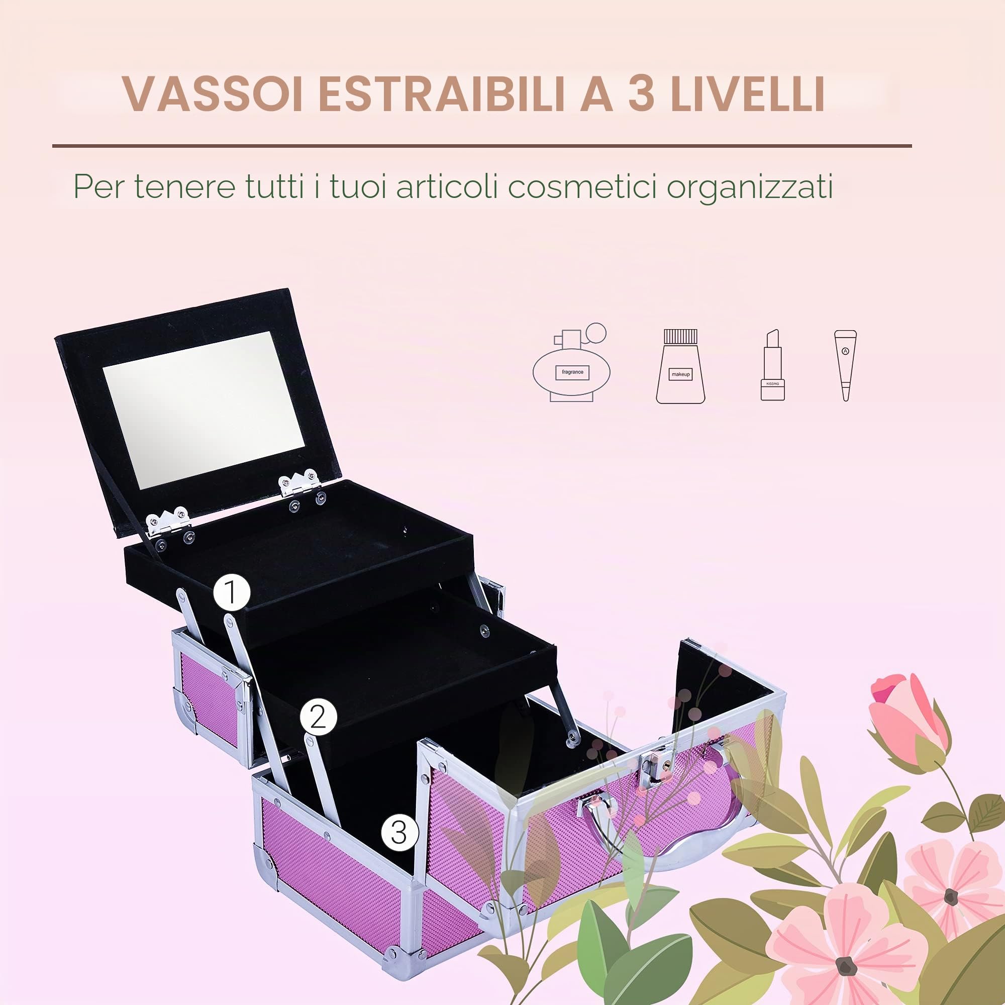 HOMCOM Valigetta trucco professionale portatile 20x15x15 cm Rosa | Valigetta cosmetici, vassoi a 3 livelli, specchio, 2 chiavi, per gioielli, manicure, viaggio