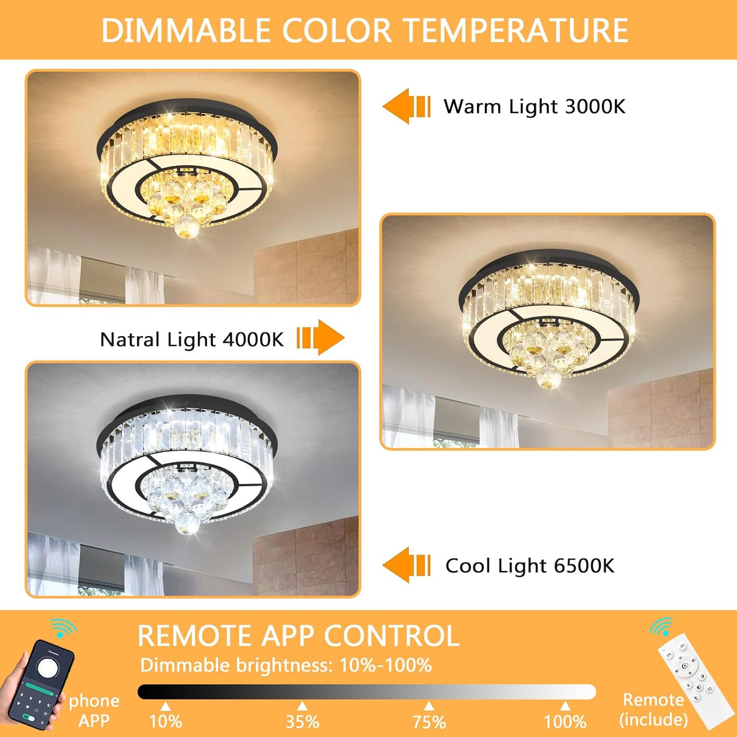 11.8'' Black Modern Crystal Chandeliers for Dining Room LED Dimmable Light Fixtures Flush Mount Light Living Room Bedrooms