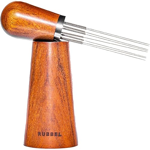 WDT Tool Espresso - Espresso Coffee Stirrer Professional - Stainless Steel 8 Needles 0.35mm - with 53 mm Puck Screen - Natural Wood Handle Needle Type - Stand Walnut Stirring Distribution