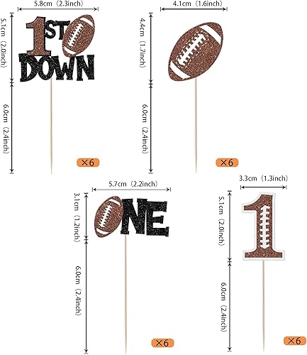 Miniatura 9 de Paquete de 24 adornos de rugby One Cupcake con purpurina de fútbol americano para primer cumpleaños, para deportes, un tema, baby shower, primer