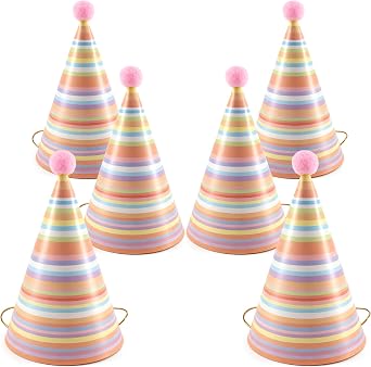Vesil Pink Birthday Party Hats, Small 6 Pack Cone Caps with Pom Poms | Small cone hats for birthday photos, pets, stuffed animals, dolls, and cake table decor