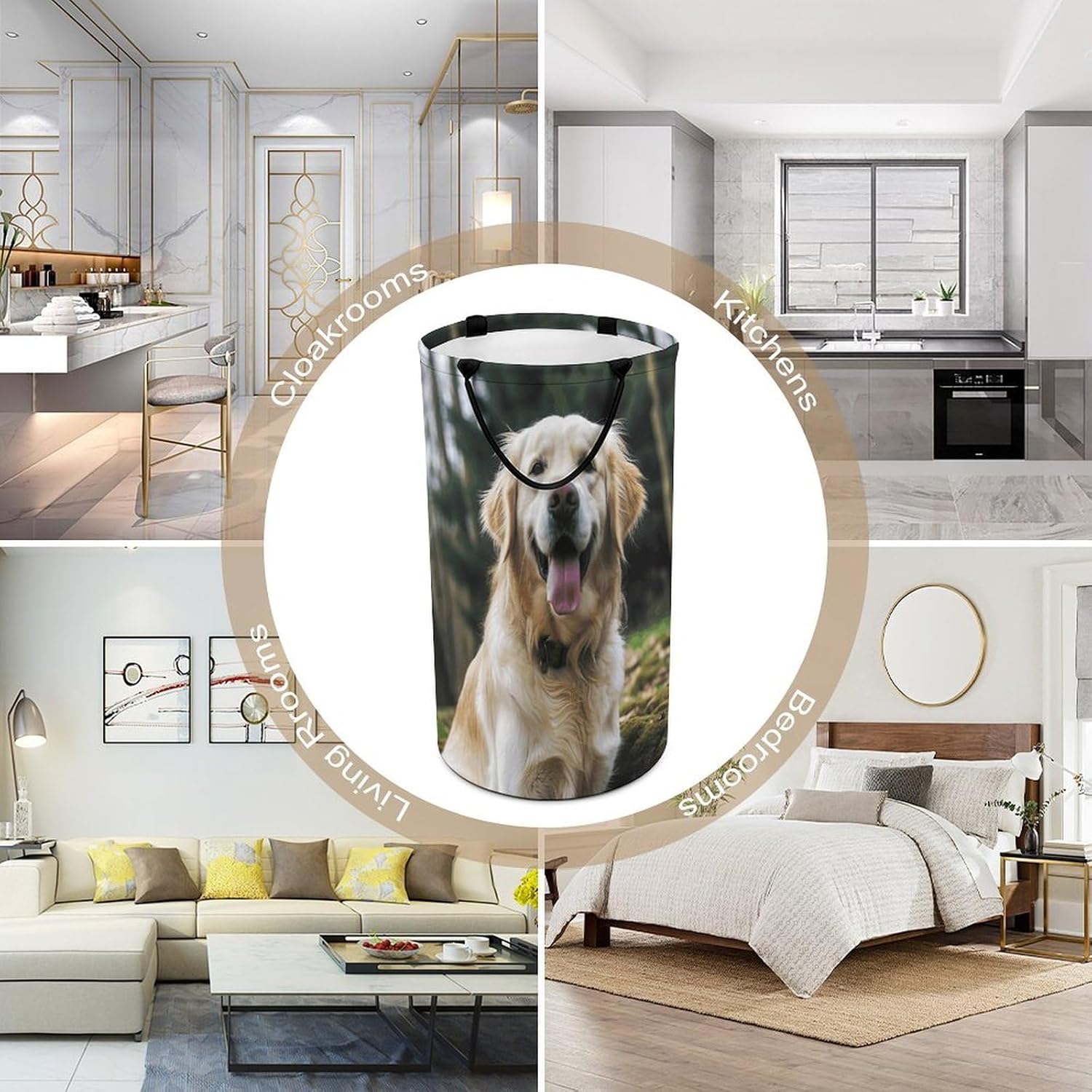 Funny Golden Retriever Laundry Hamper with Handles Waterproof Collapsible Laundry Basket Large Lightweight Round Dirty Clothes Hamper for Home Dorm Bathroom Decor