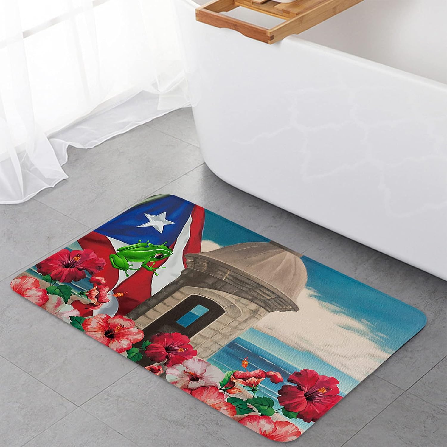 Puerto Rico Kitchen Rug Set 2 Piece Area Rug Anti Fatigue Non Skid Washable Floor Mats for Kitchen Dining Room Sink Laundry Home Office - Frog Flag Flower Castle
