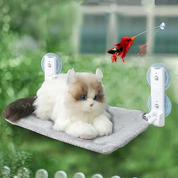 Marchul Cat Window Perch with Feather Bell Cat Wand, Foldable Cat Window Hammock, Cat Bed Window with 4 Strong Suction Cups, Sturdy Metal Frame and Soft Cover Available for All Seasons