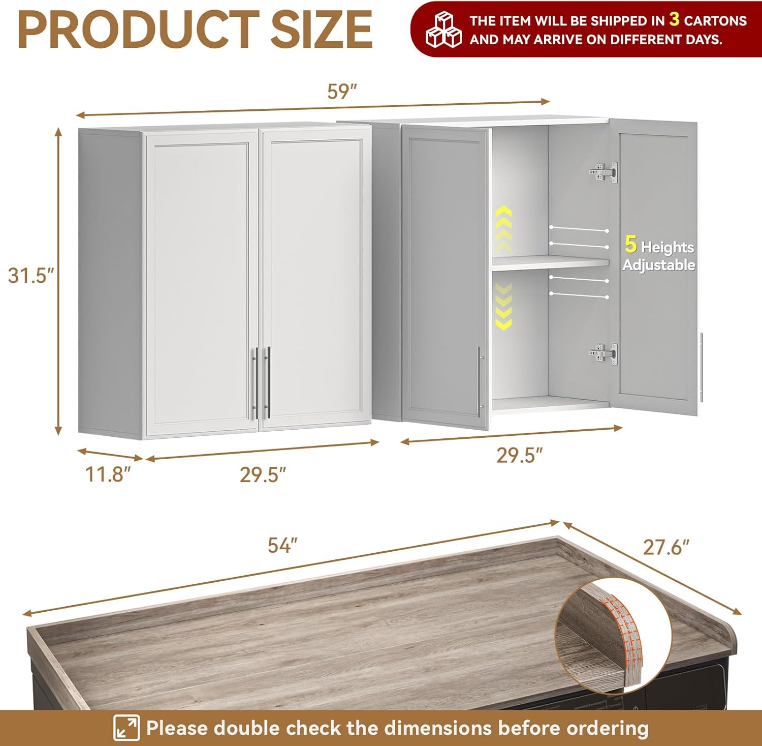 FIMELLO 60" Laundry Room Wall Cabinets and 27.6" x 54" Washer and Dryer Countertop Set, Laundry Room Cabinets Wall Mounted, Upper Cabinets Floating Cabinet - Grey Laundry Countertop