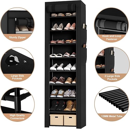 Miniatura 4 de Fixwal Zapatero con cubiertas, zapatero alto de 9 niveles con 2 bolsillos grandes, a prueba de polvo, organizador estrecho para zapatos, para