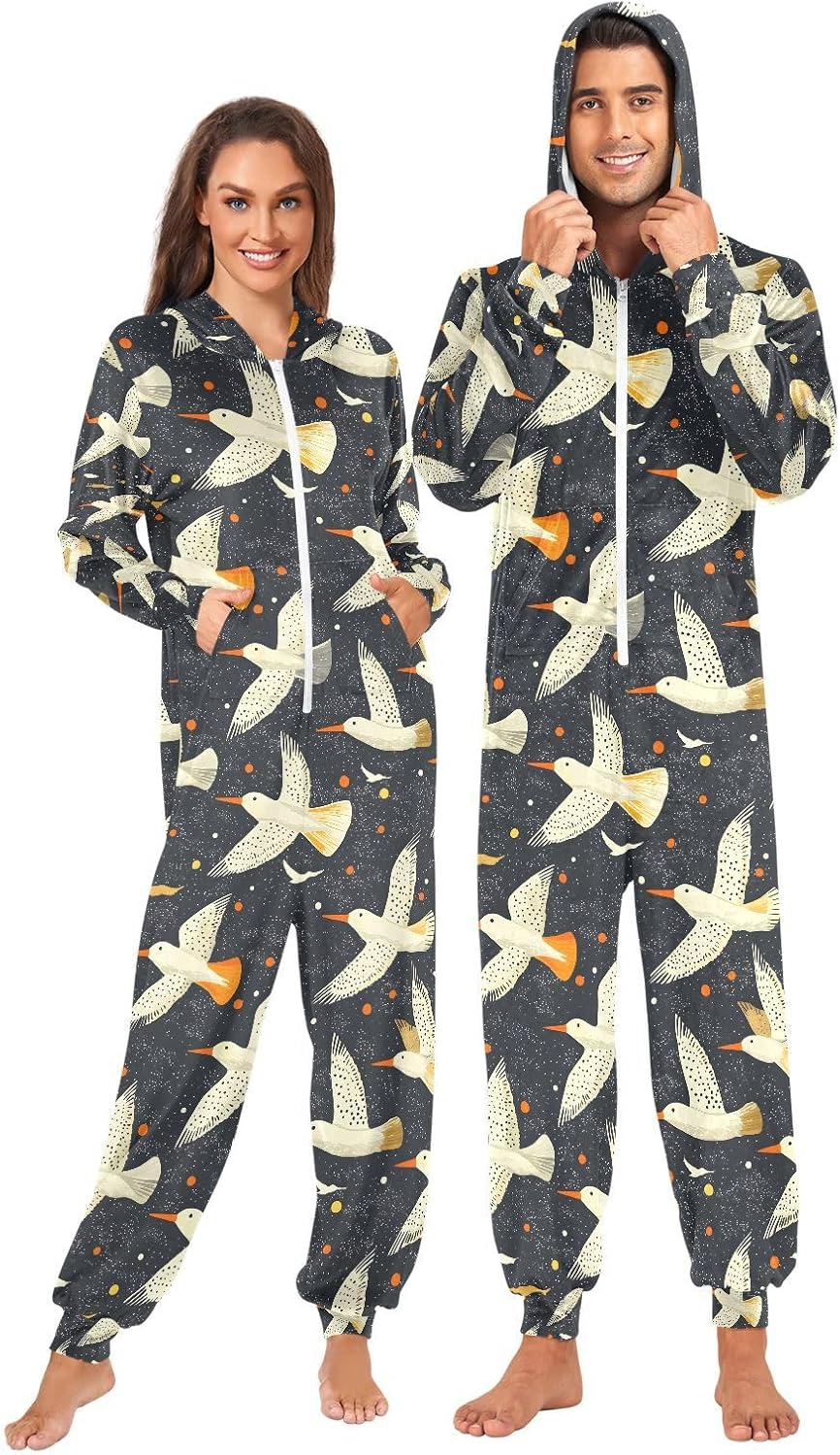 ALAZA Seabird Dot Nautical Coastal Adult Onesie Pajamas Novelty One Piece Costume Sleepwear Jumpsuits Matching PJS