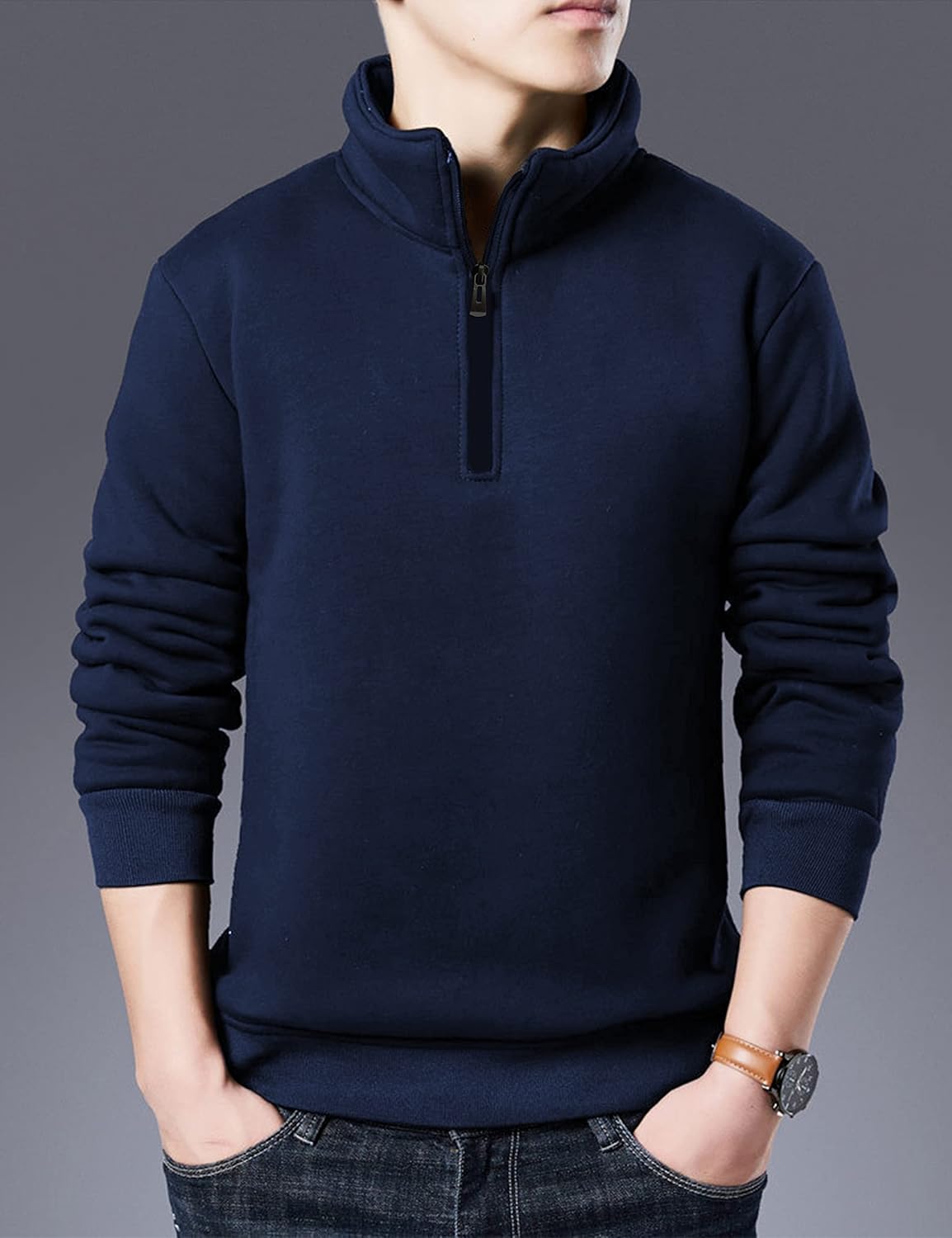 Yeokou Mens Fashion Warm Fleece Crewneck Sweatshirt Thick Sherpa Lined Pullover Tops - Image 3