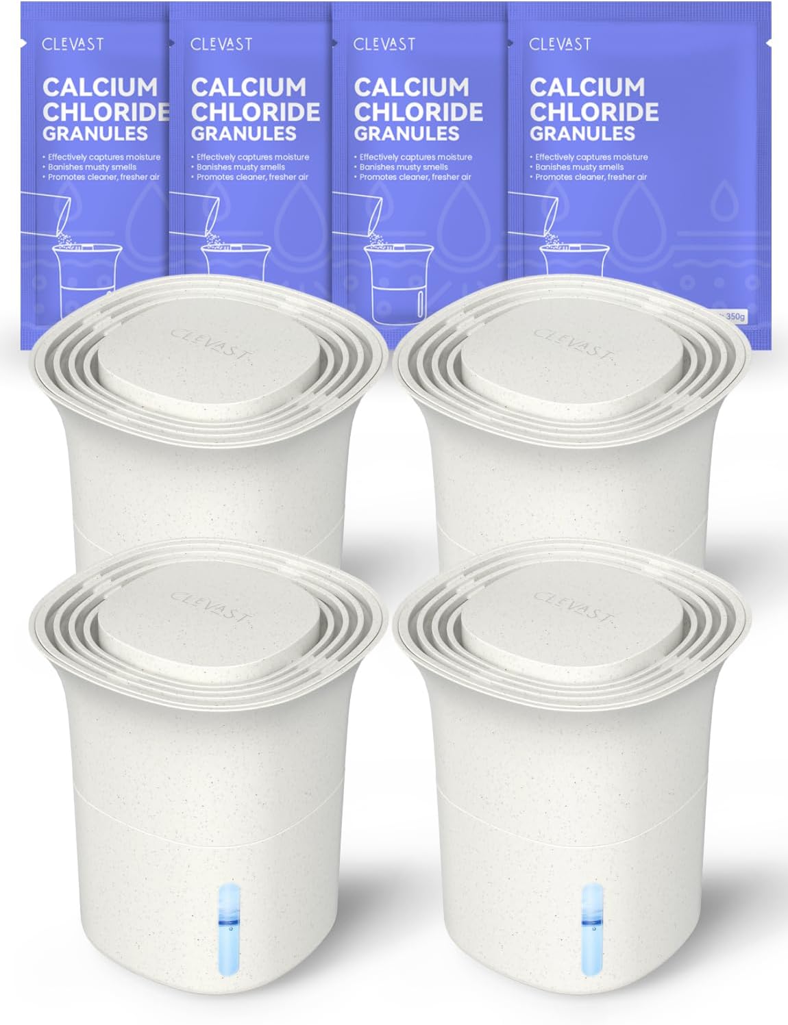 CLEVAST 4-Pack Moisture Absorber Buckets with 350g Refills, Reusable Dehumidifier Box for Closet, Bathroom, Basement, Unscented for Eliminating Musty Odors & Humidity Control