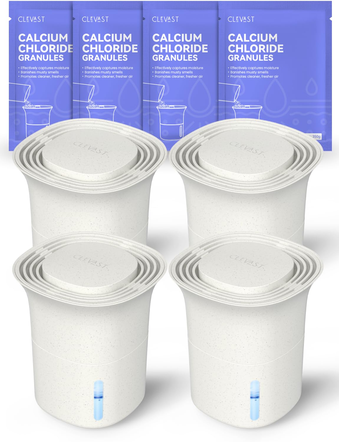 CLEVAST 4-Pack Moisture Absorber Buckets with 350g Refills, Reusable Dehumidifier Box for Closet, Bathroom, Basement, Unscented for Eliminating Musty Odors & Humidity Control