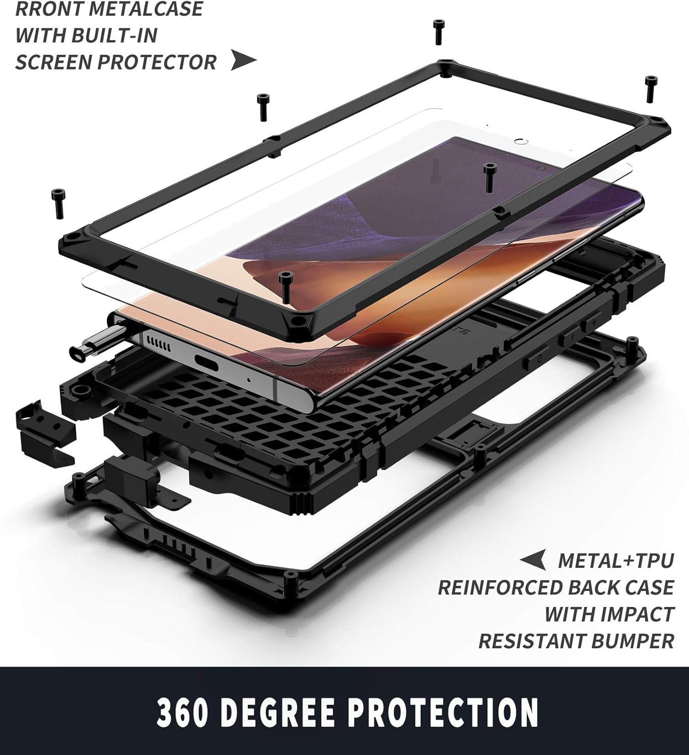 CHENXI Compatible for Samsung Galaxy Note 20 Ultra Case, Aluminum Metal Gorilla Glass Shockproof Military Heavy Duty Sturdy Protector Cover Hard Case for Galaxy Note 20 Ultra (Black)