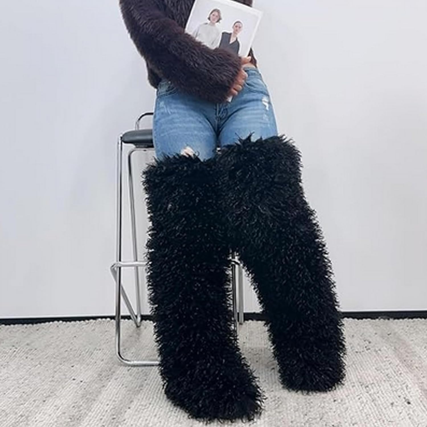 YXCFEWD Over the Knee Faux Fur Boots for Women 29 inchs Winter Thigh High Boots Fluffy Furry Snow Boots - Image 8