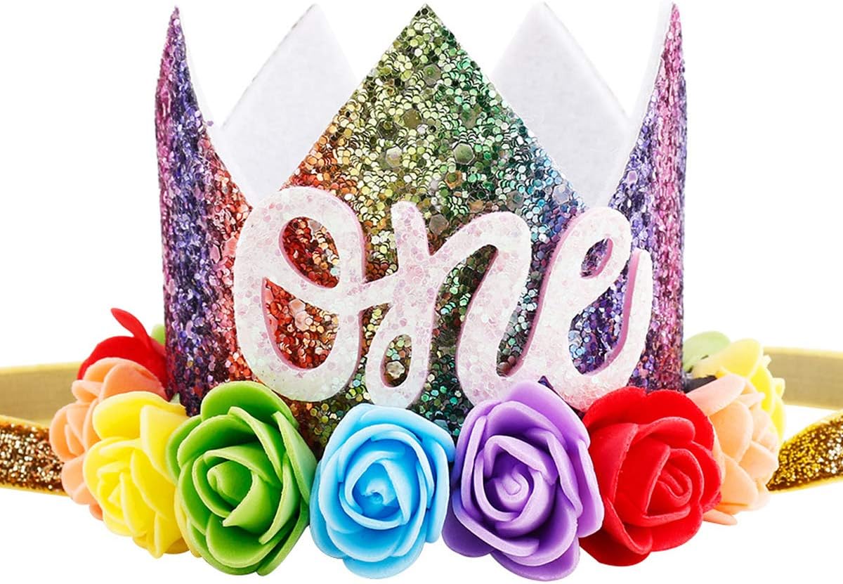 Baby Girl Glitter 1 2 3 First Birthday Rainbow Flower Crown Hat Floral Tiara Headband for Photo Prop (Letter One)