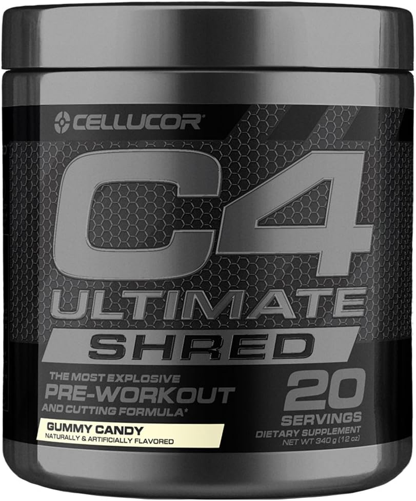 Cellucor C4 Ultimate Shred Pre Workout Powder, Fat Burner for Men & Women, Weight Loss Supplement with Ginger Root Extract, Gummy Candy, 20 Servings