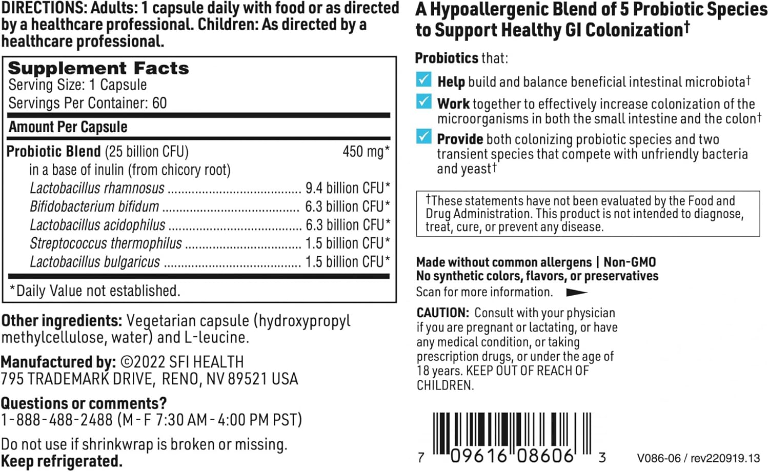 Klaire Labs SFI Health Pro-5 Probiotic - 25 Billion CFU High Dose Multispecies Gut Recolonization Support for Men & Women, Hypoallergenic & Dairy-Free (60 Capsules, 2 Pack)