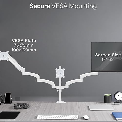 Miniatura 5 de VIVO Soporte para monitor neumático triple de 17 a 32 pulgadas, 2 brazos neumáticos, 1 fijo, giratorio ajustable, rotación, soporte de escritorio