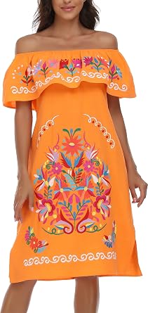 YZXDORWJ Women Mexican Embroidered Dress Ruffle Collar Sleeveless