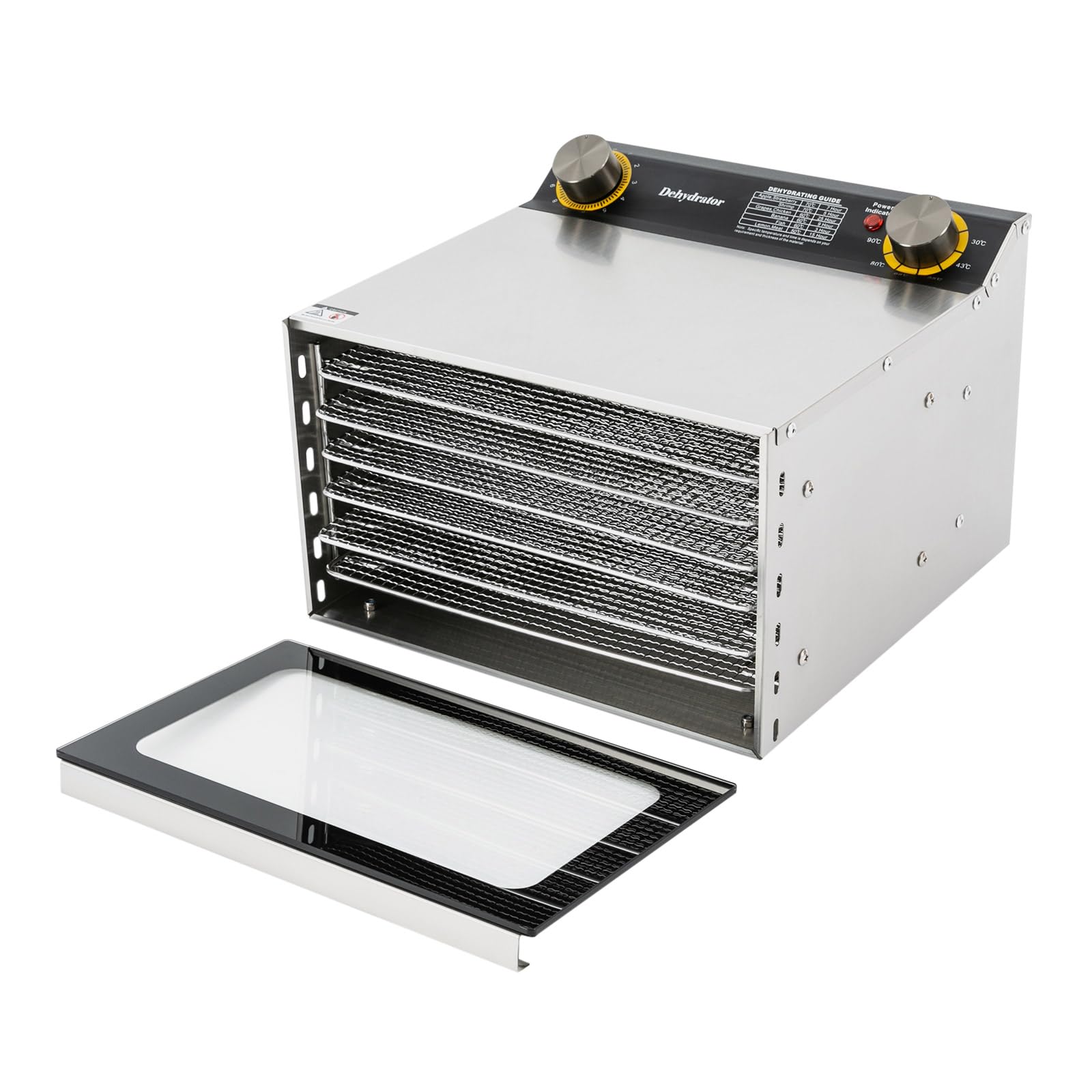 Suszarka ze stali nierdzewnej, z tackami o regulowanej wysokości, wyświetlacz LED, 400 W, 30-90°C, timer 12 h, do żywności, grzybów, owoców, mięsa, ryb, warzyw, bez BPA