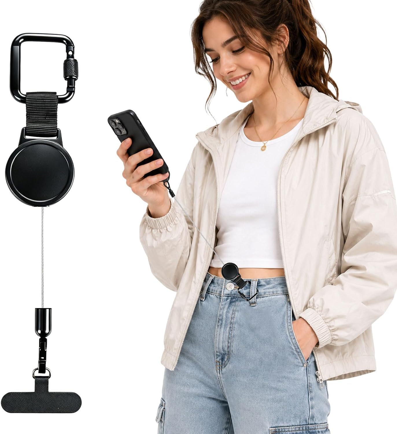 Rosmas Anti‑Theft Retractable Phone Lanyard with Locking Carabiner, Heavy Duty Steel Line, Secure Everyday Carry for Keys & Phones,Phone Strap for Travel, Concerts & Outdoor,Hiking(Black)