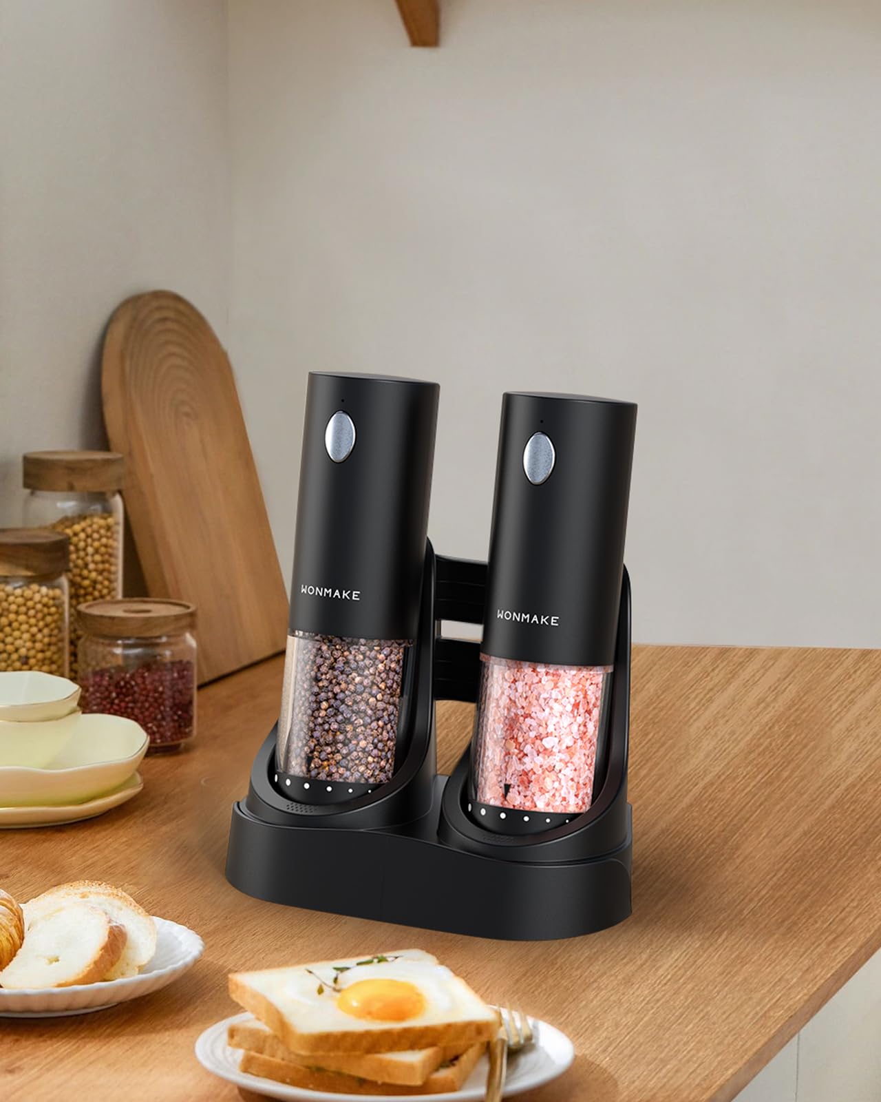 WONMAKE Ensemble moulin à sel et poivre électrique avec station de charge - Moulin à sel et à poivre électrique rechargeable - Réglage du degré de mouture à 6 niveaux - Lumière LED - Utilisation à une