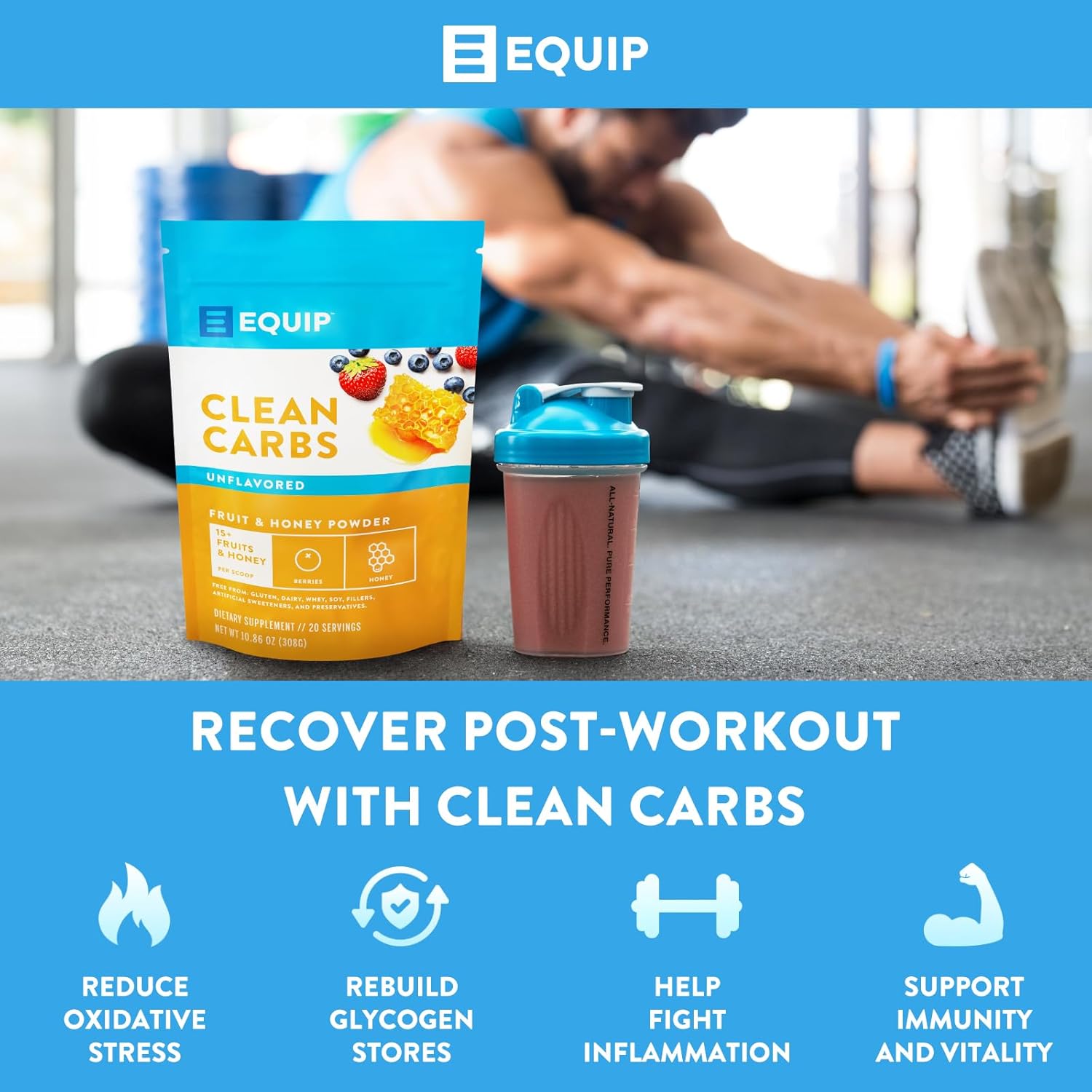 Equip Foods Clean Carbs | 15+ Fruits and Honey Superfood Powder | Post Workout Recovery Powder | Antioxidants, Carbohydrate Supplement | Immune Support Carb Cleaner | 20 Servings, Unflavored - Image 4