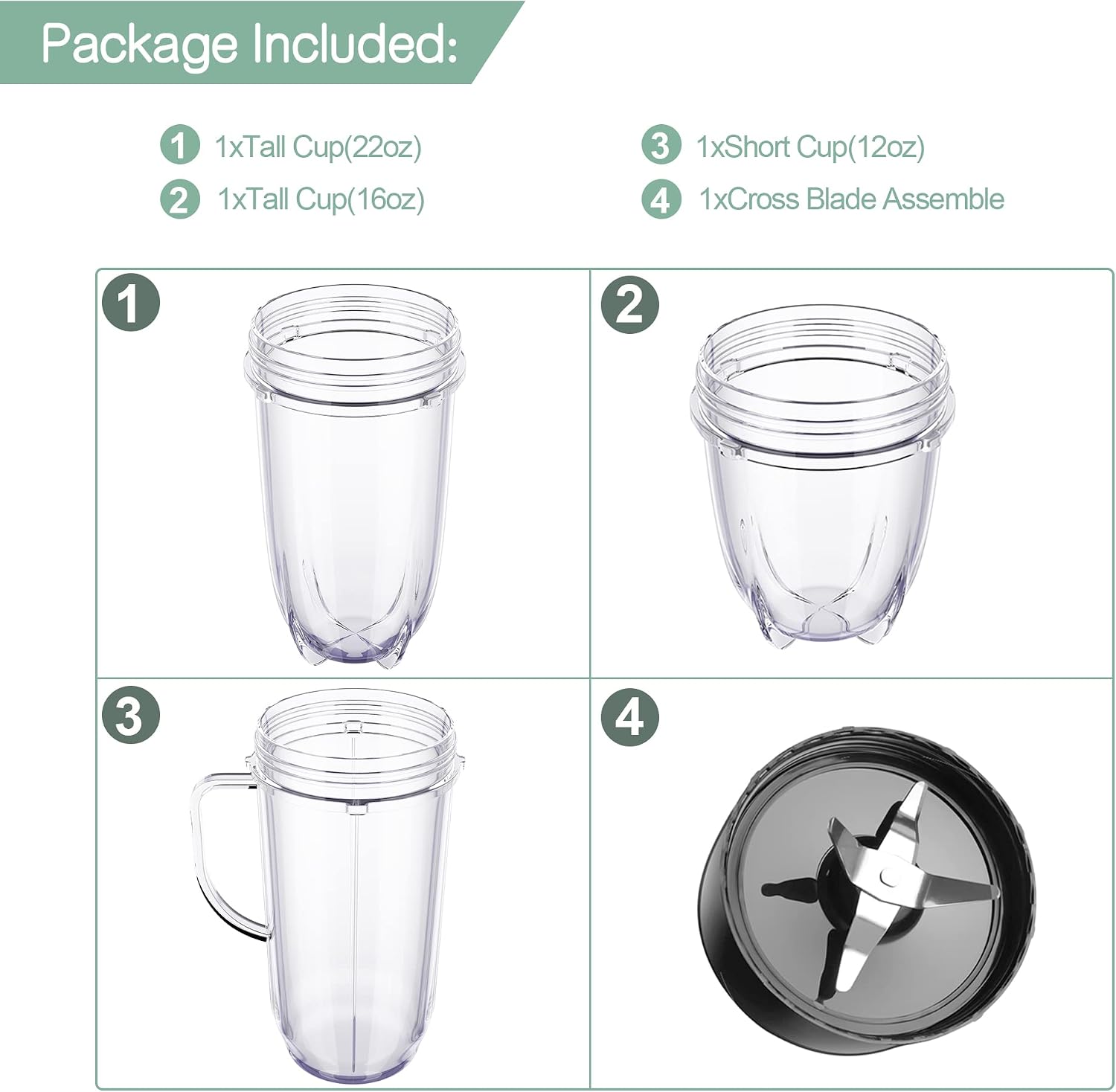 4-piece MB Blender Replacement Set 22oz Tall Mug Cup 16oz Cup 12oz Short Cup and Cross Blade Replacement Parts Compatible with Magic Bullet 250 watt Blenders Mb1001 Series