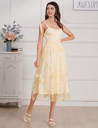 Spaghetti Strap Embroidered Floral Dress for Women Wedding Formal Tulle Prom Corset Dress Smocked Split Midi Tea Party Dress