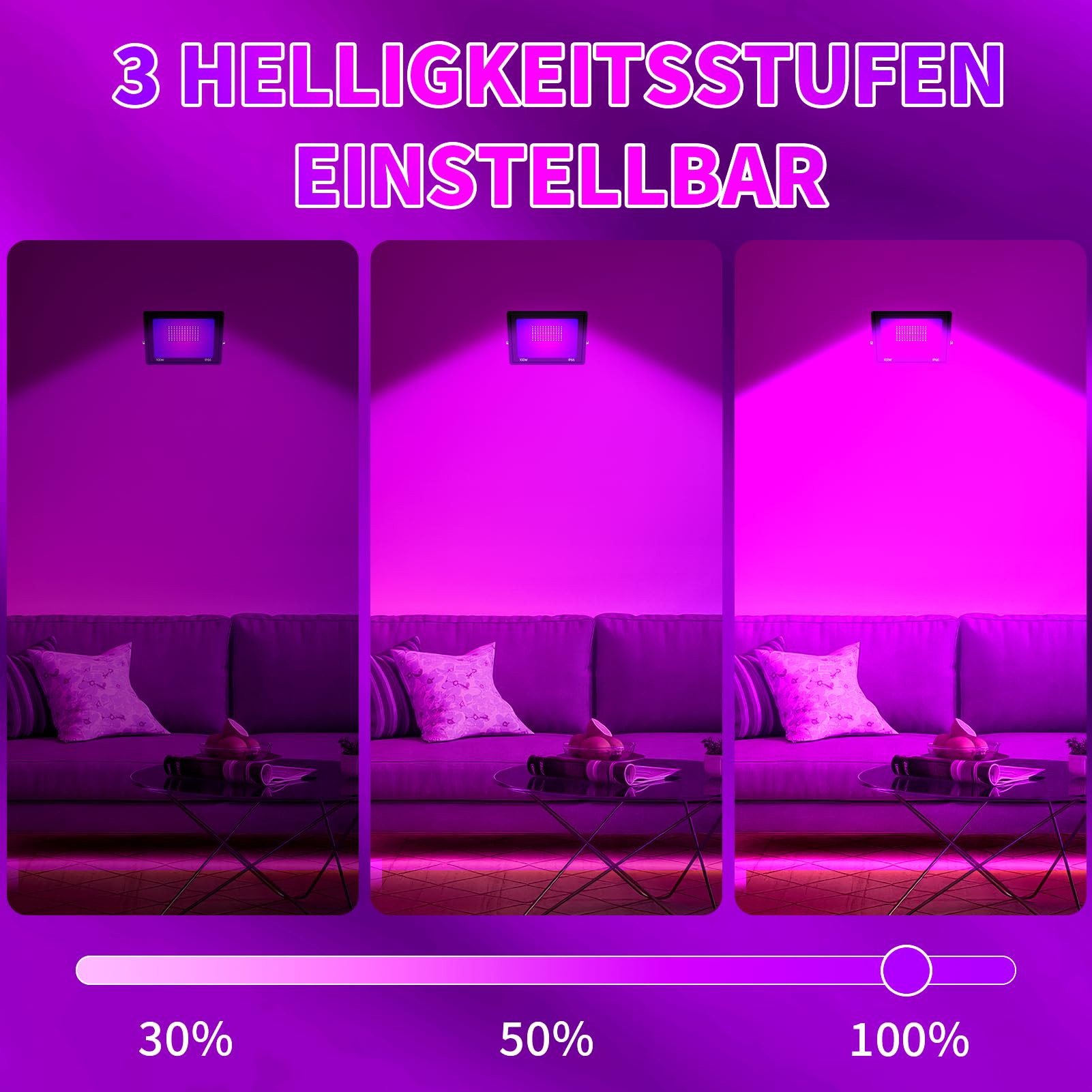 100W Schwarzlichtlampe, 3 Brightness Schwarzlicht, P66 Wasserdicht Schwarzlicht Strahler, UV Licht Mit 1.5m Netzkabel Stecker Schalter, Schwarzlicht Led für Party Disco, Neonfarben, Aquarium