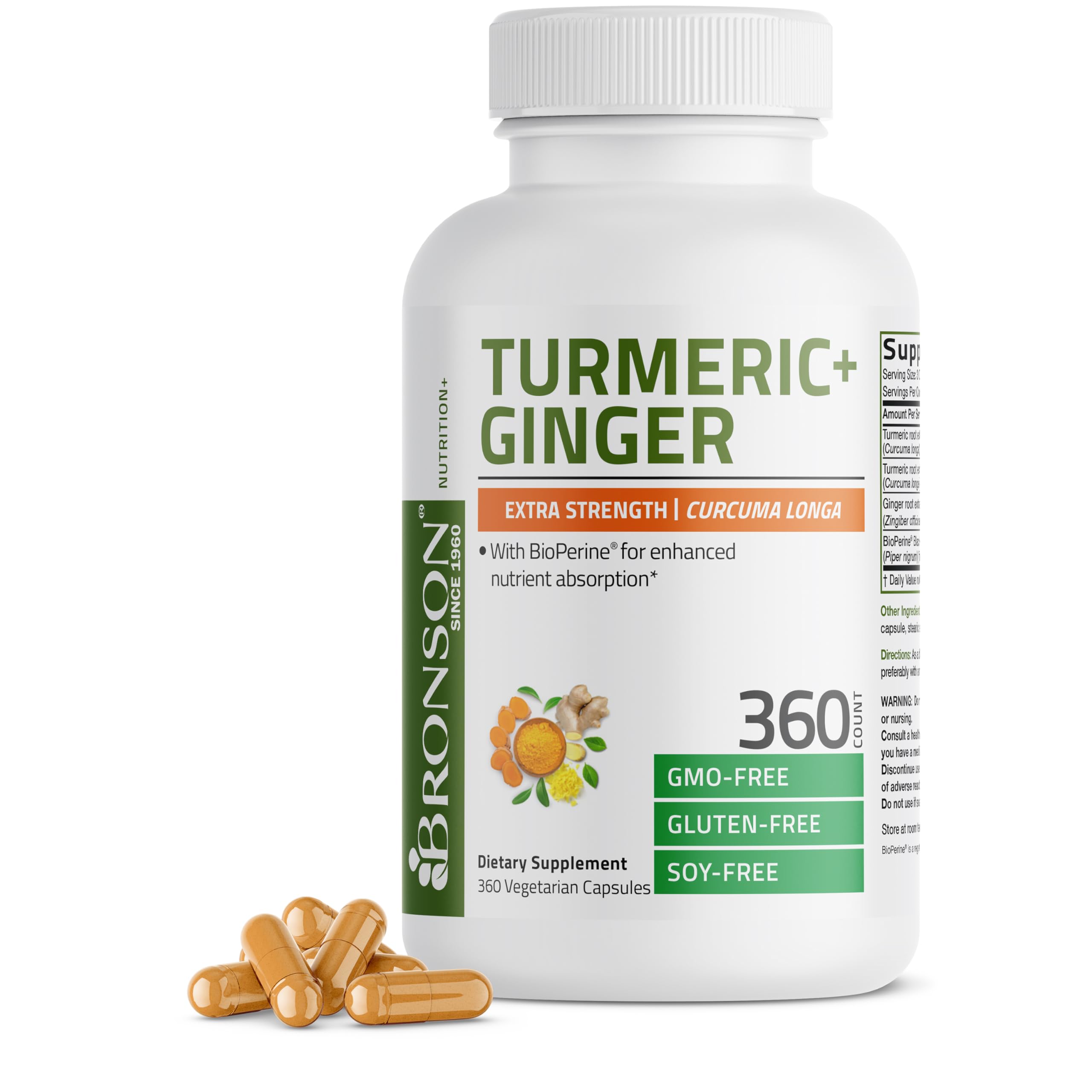 Bronson Turmeric + Ginger with BioPerine, 360 Vegetarian Capsules Turmeric and Ginger 360 Count (Pack of 1)