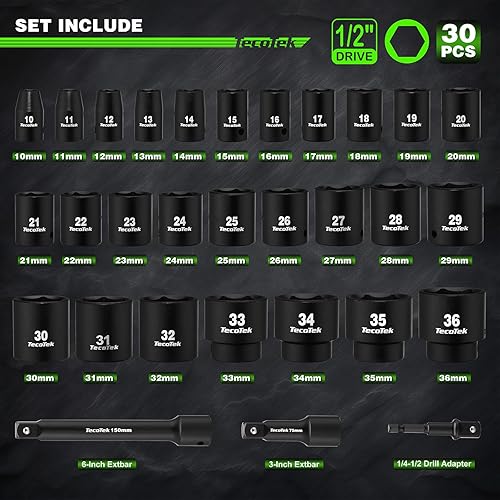 Miniatura 2 de Juego de 30 llaves de impacto métricas poco profundas de 12 pulgada, Cr-Mo, de 0.394 in a 1.417 in, sin tamaños saltados, 6 puntos, incluye barras