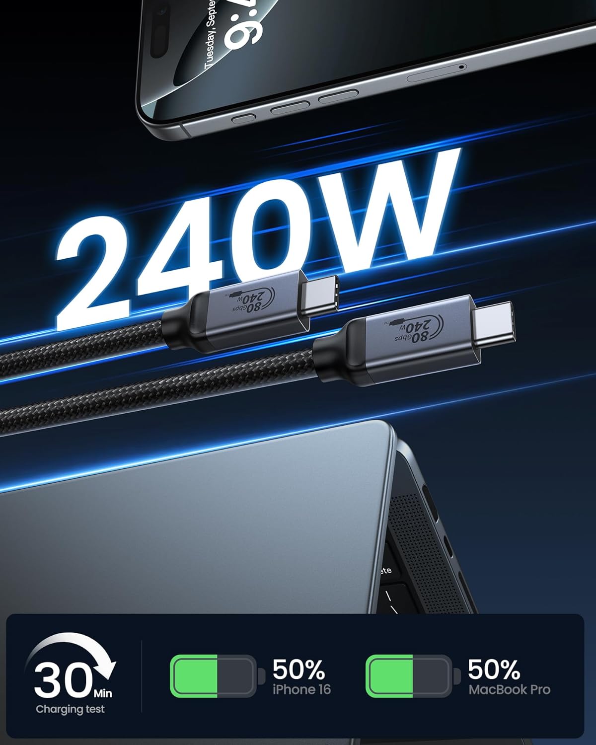 Silkland Certified USB 4 for Thunderbolt 5 Cable 5FT, 80Gbps Data Cable, 240W PD3.1, 120Gbps for 16K/Dual 8K Display, Braided USB C Video Cable Compatible for Thunderbolt 4, MacBook Pro, iPhone 17,SSD - Image 4