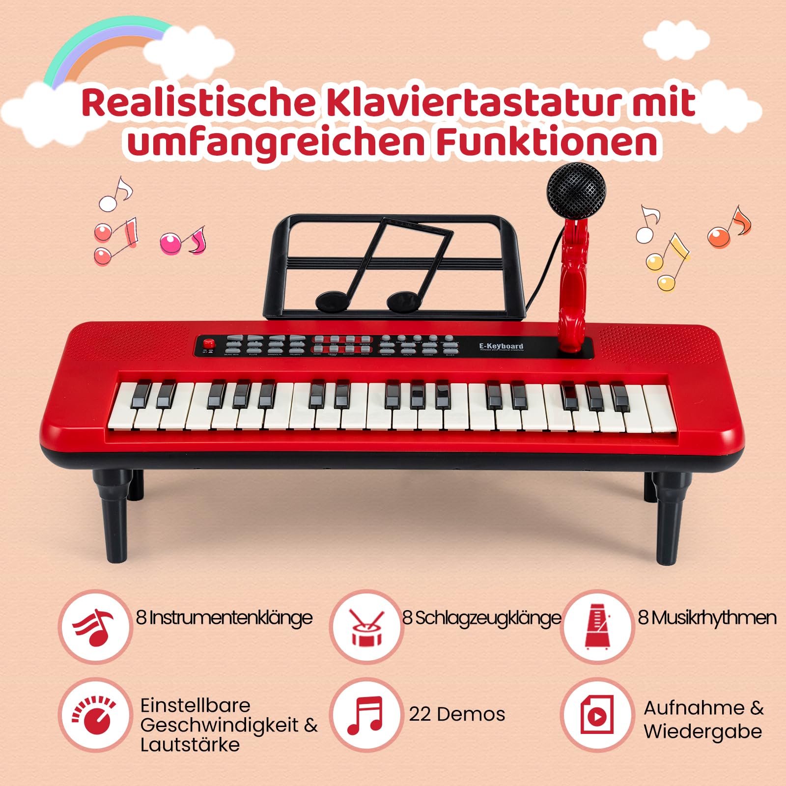 COSTWAY 37 Tasten Kinder Keyboard, Kinderklavier elektronisch mit Mikrofon, Notenständer & abnehmbare Beine, tragbares Musikinstrument, Kinderpiano Klaviertastatur für Kinder ab 3 Jahren (Rot)