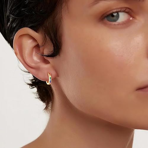 Miniatura 2 de Gacimy Aretes de oro para mujer, chapados en oro real de 14 quilates con circonita cúbica multicolor, aretes de aro pequeños de oro de 12 pulgada