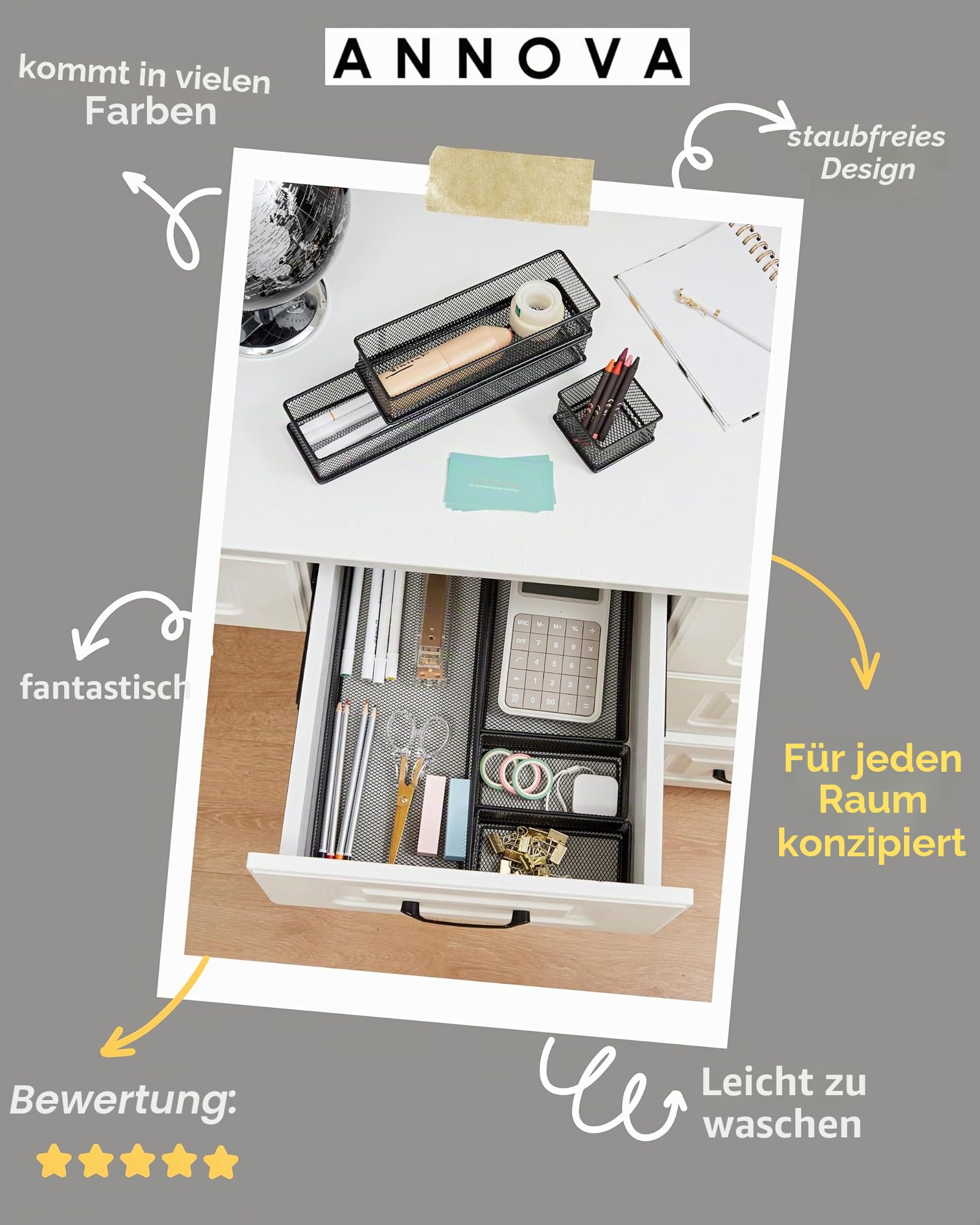 Annova Netz-Schubladenschrank und Regal, Organizer, Aufbewahrungskorb, für Schule, Büro, Zubehör, 2 Stück (Black, 23x15x5cm)