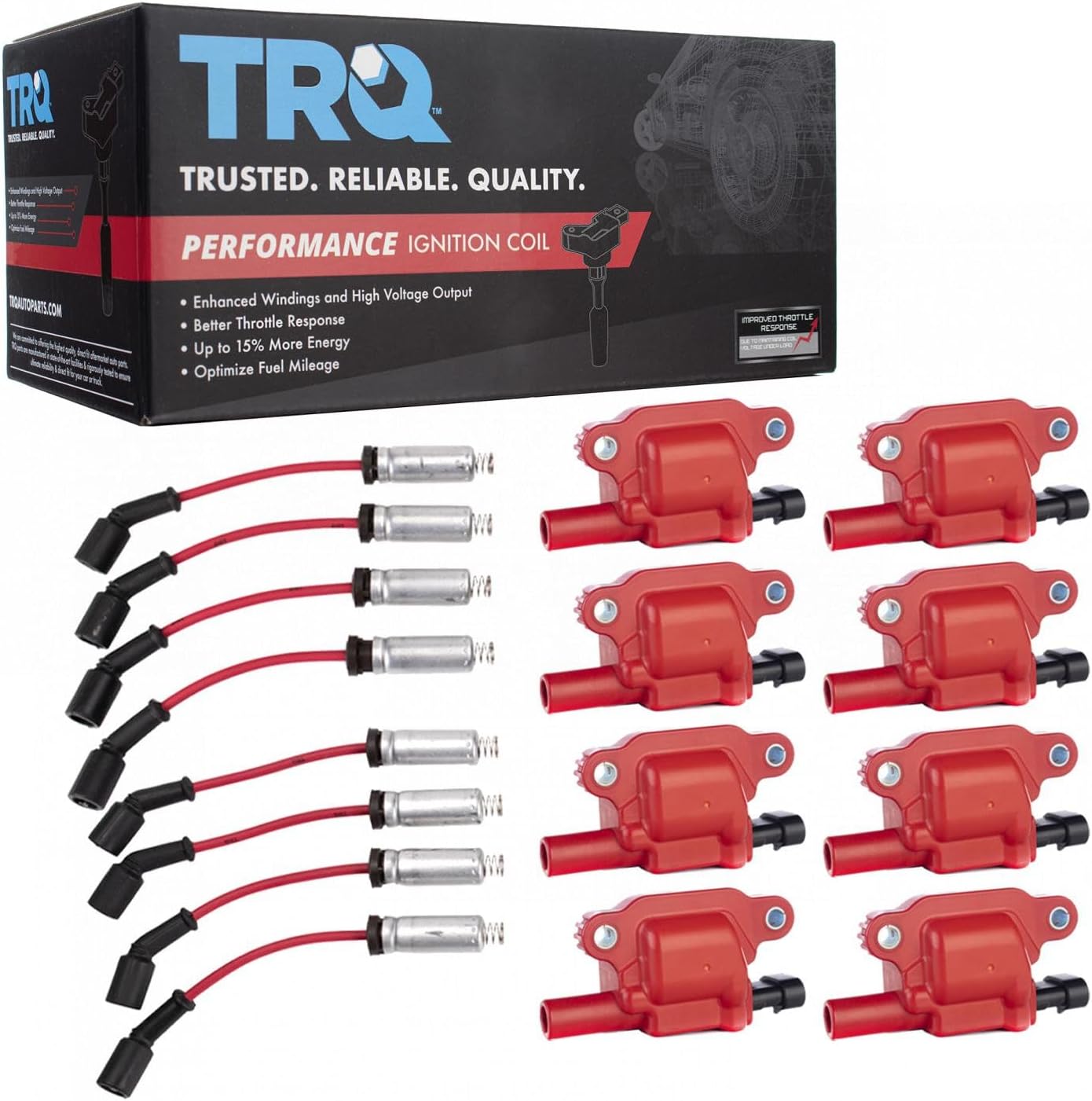 TRQ 9-Piece Performance Ignition Coil Kit for Chevy Silverado 1500, Tahoe, Suburban, GMC Sierra, Cadillac Escalade - Red Coils