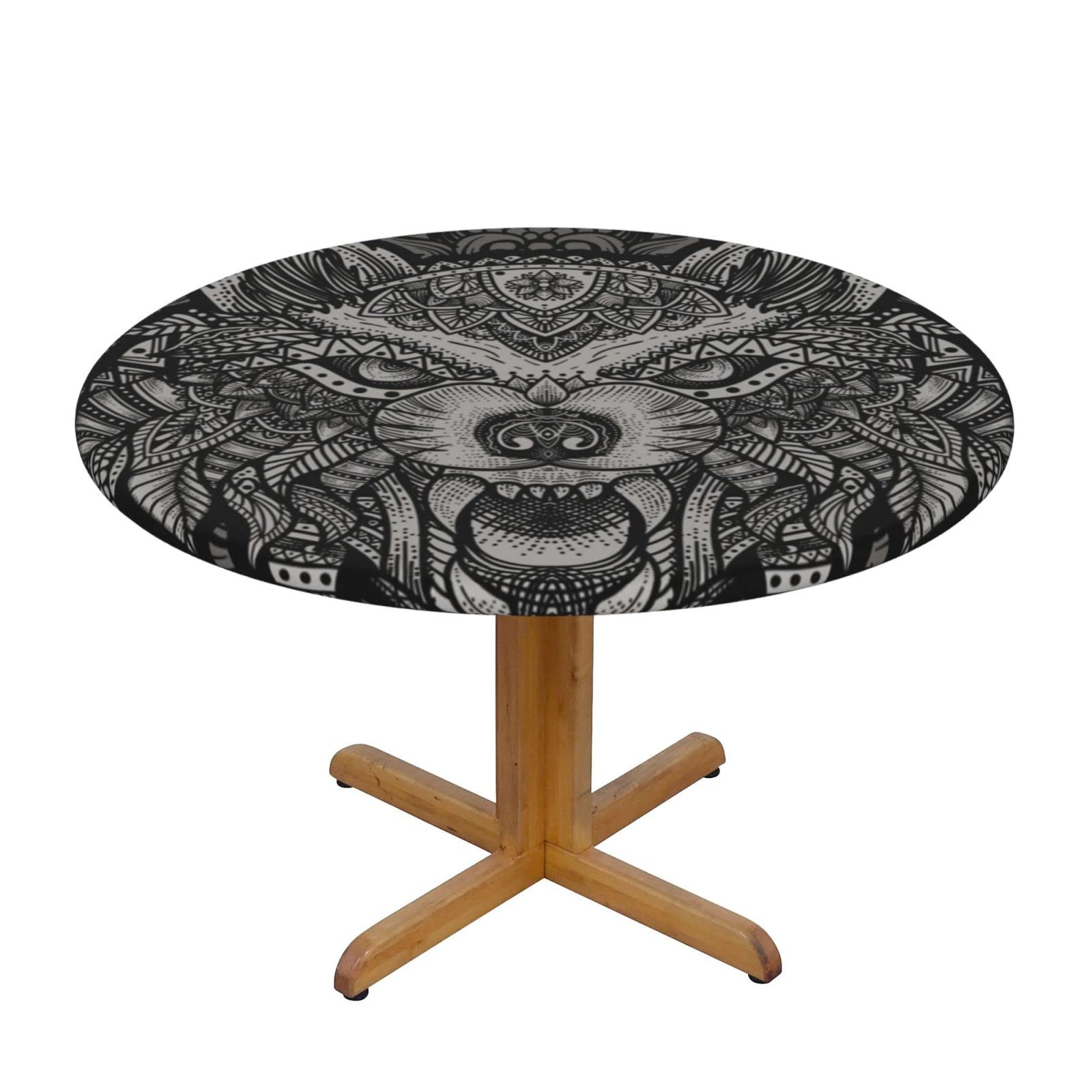 Lsjuee Round Fitted Tablecloth 45-50in Elastic Edged Table Cloth for Kitchen Dining Party Home Decor - Black Wolf Sign
