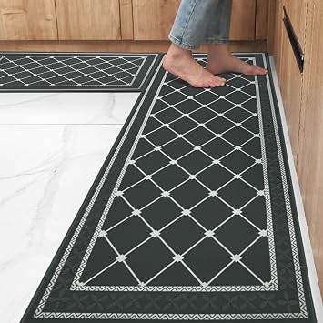 Kitchen Runner Mat Set, Black and Gold Diamond Pattern, Polyester, Non-Slip Cushioned, Modern Geometric, 2 Piece, 19.7x31.5 and 19.7x47.2 Inch, for Kitchen Floor Office Gray