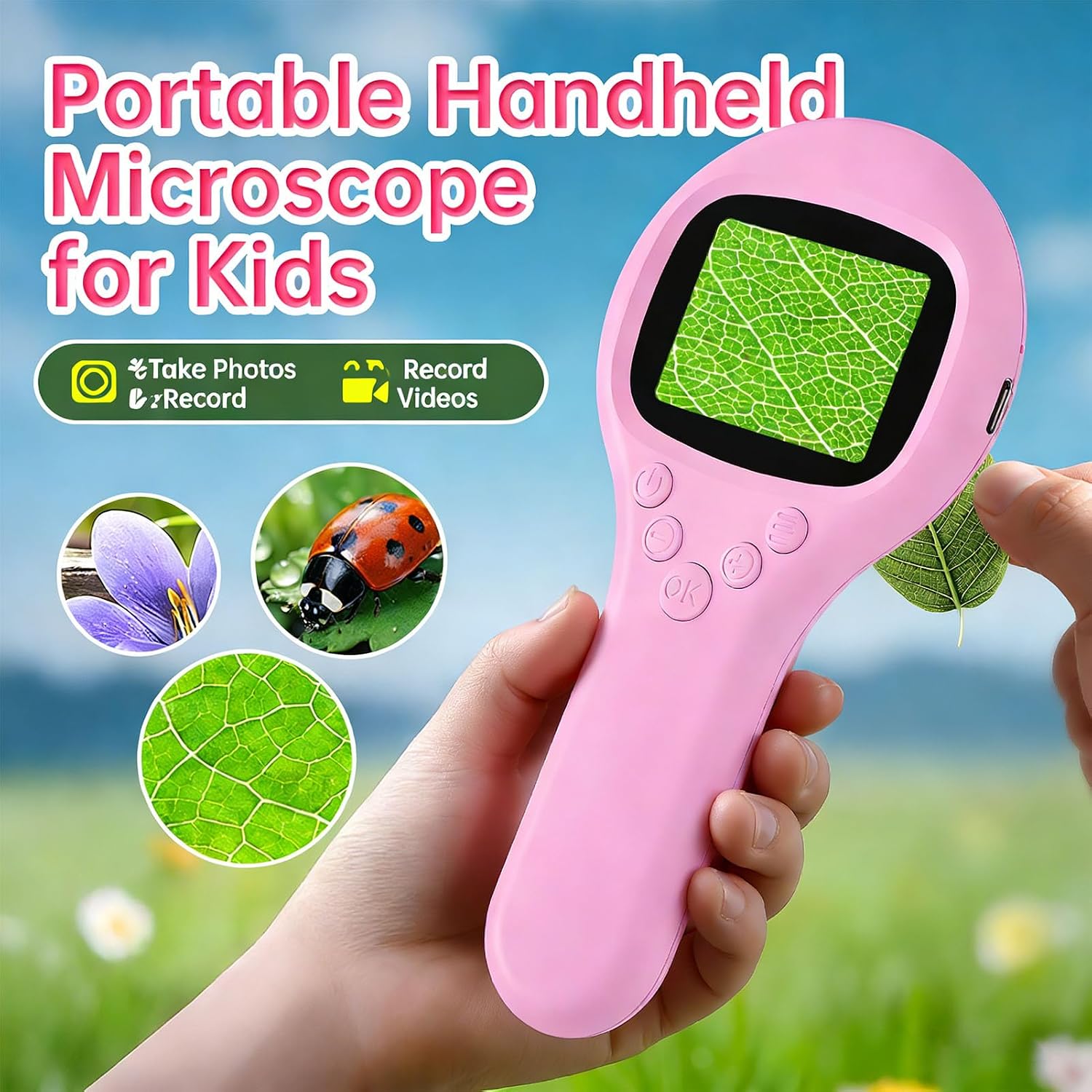 Fafeicy Handheld Digital Microscope, 4X Fixed Focus Magnifier with 6 LED Lights 2.0 Inch Screen for USB Data Transfer