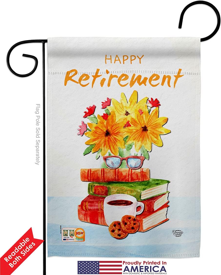 Retirement Activites Garden Flag Set Wall Holder Celebration Happy Retired Veteran Congratulations Occasion Anniversary Party Small Gift Yard House Banner Double-Sided Made In USA 13 X 18.5