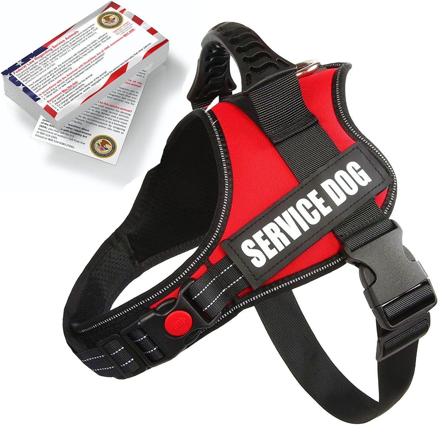 Just 4 Paws Service Dog Harness Jacket with Padded Handle, Adjustable Straps & 2 Removable Reflective Patches | Plus 50 ADA Information Cards (6 (Extra Large, Red)