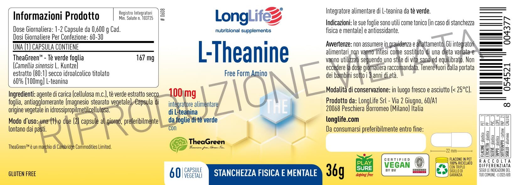 LongLife® L-Theanine | Con L-teanina da tè verde 100mg | Rilassamento e concentrazione | Antiossidante | Fino a 2 mesi di trattamento | Vegano e senza glutine