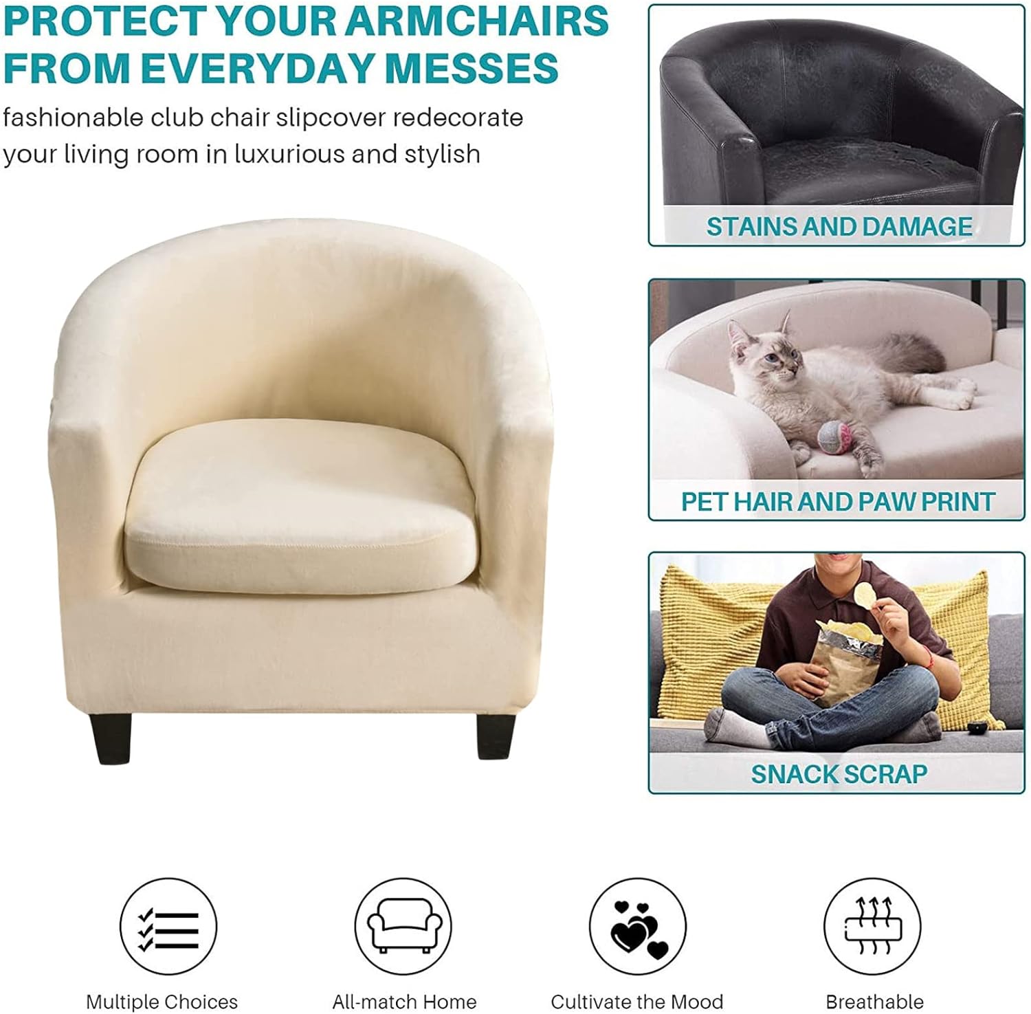 KRFOONN 2 Pieces Club Chair Slipcover Printed Stretch Tub Chair Slipcover Armchair Covers Sofa Cover Removable Round Barrel Chair Covers Couch Furniture Protector Cover for Living Room, A26