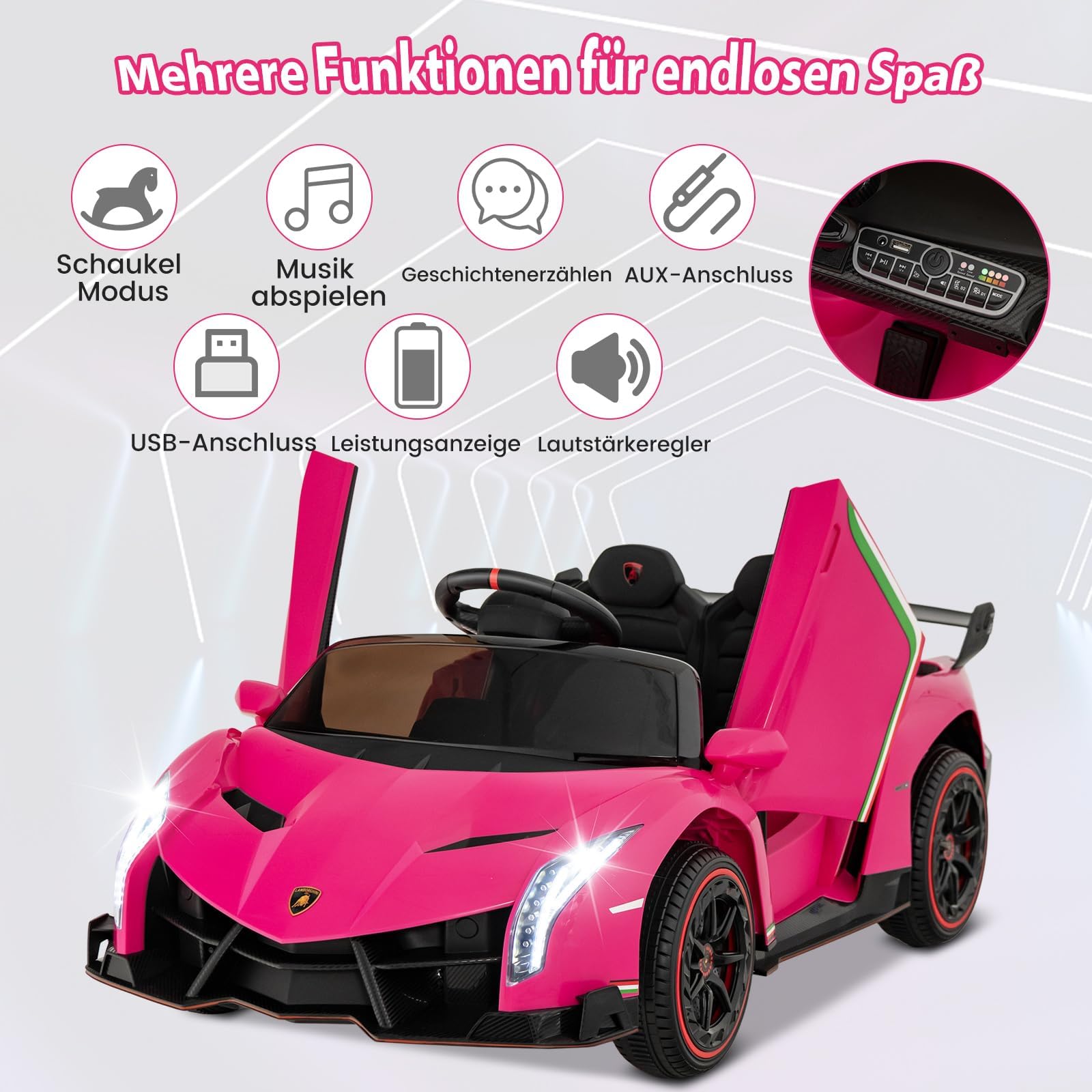 FANTASK Lamborghini Elektroauto für Kinder, Kinderfahrzeug mit 2,4-G Fernbedienung & LED Scheinwerfer & Hupe & Musik, Elektrofahrzeug 3-6 km/, Kinderauto Elektro für Kinder ab 3 Jahren (Rosa)