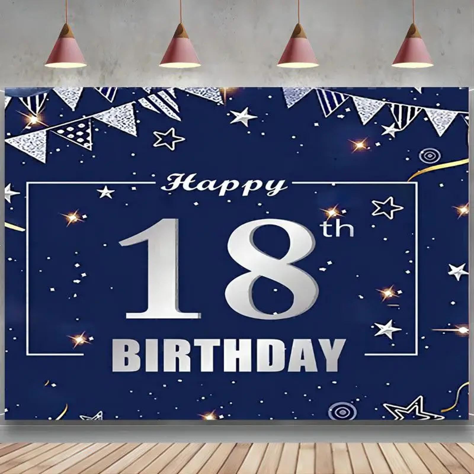 Niebieska dekoracja na 18. urodziny dla chłopców i dziewcząt 'Happy 18th Birthday' na granatowy srebrny biały baner tło balon wieniec 250 x 180 cm