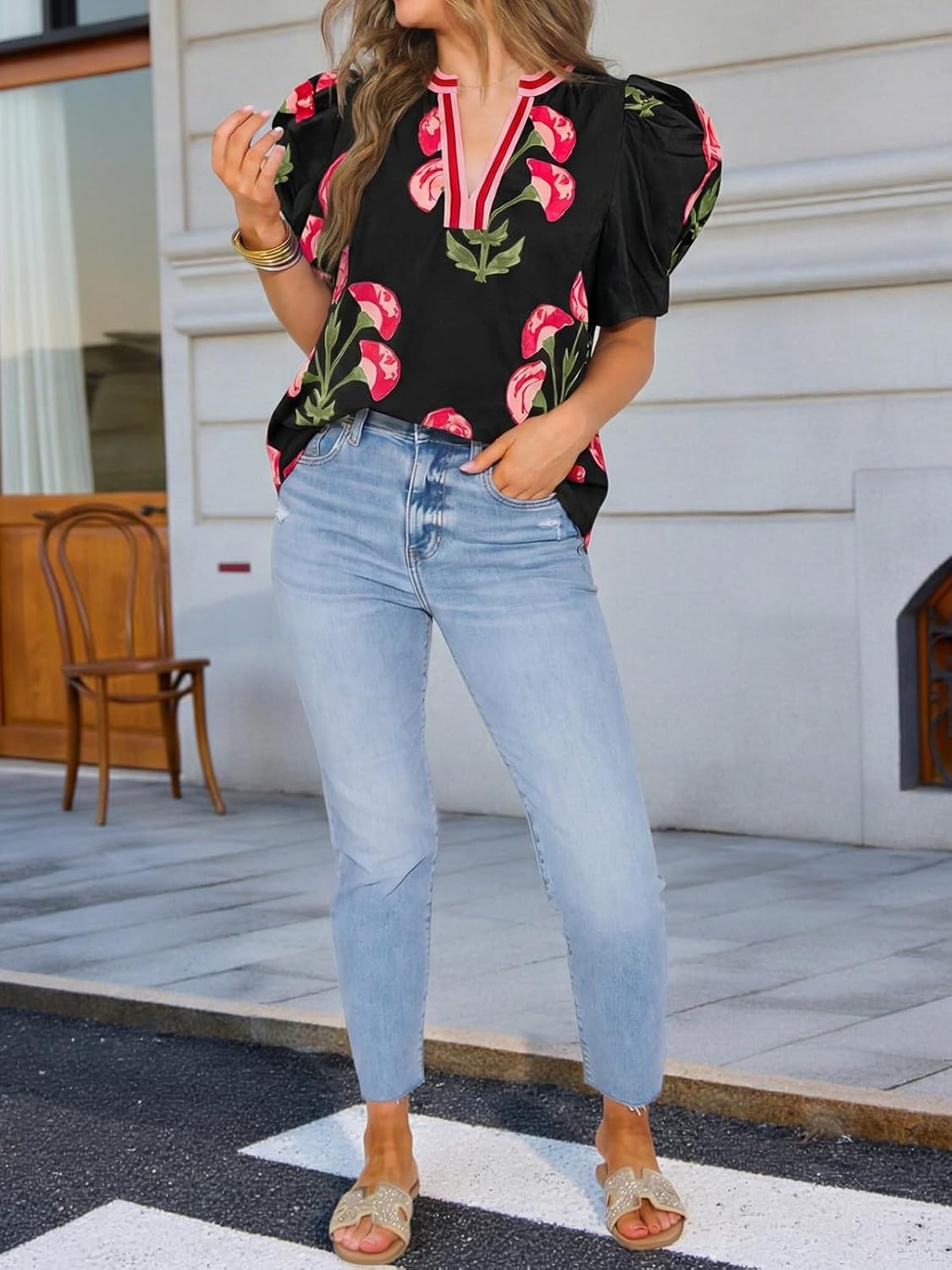 Cicy Bell Womens Summer Puff Sleeve Blouses Casual Dressy V Neck Color Block Tops Loose Fit Boho Floral Printed Tee Shirts - Image 6